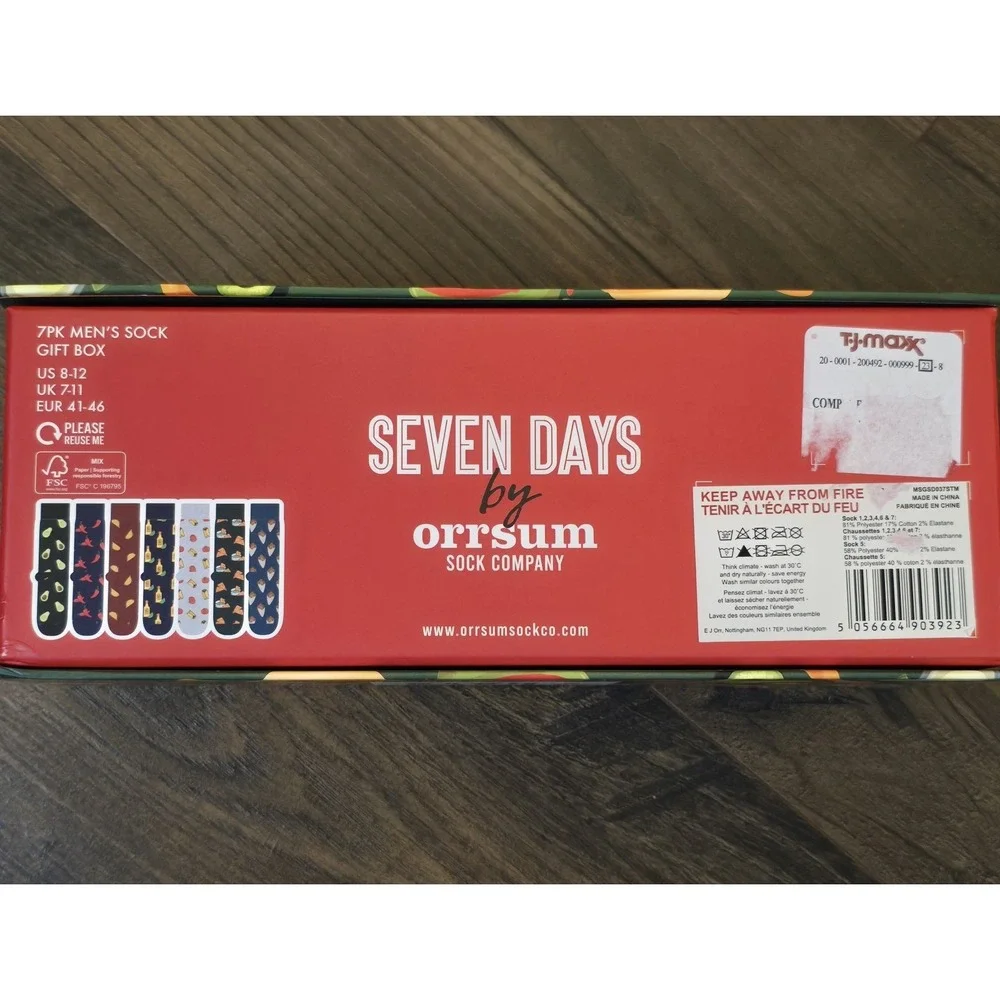 7 days by Orrsum Men's Sock Gift Box, Mexican Food Theme, Size 8-12, New, 7 pair